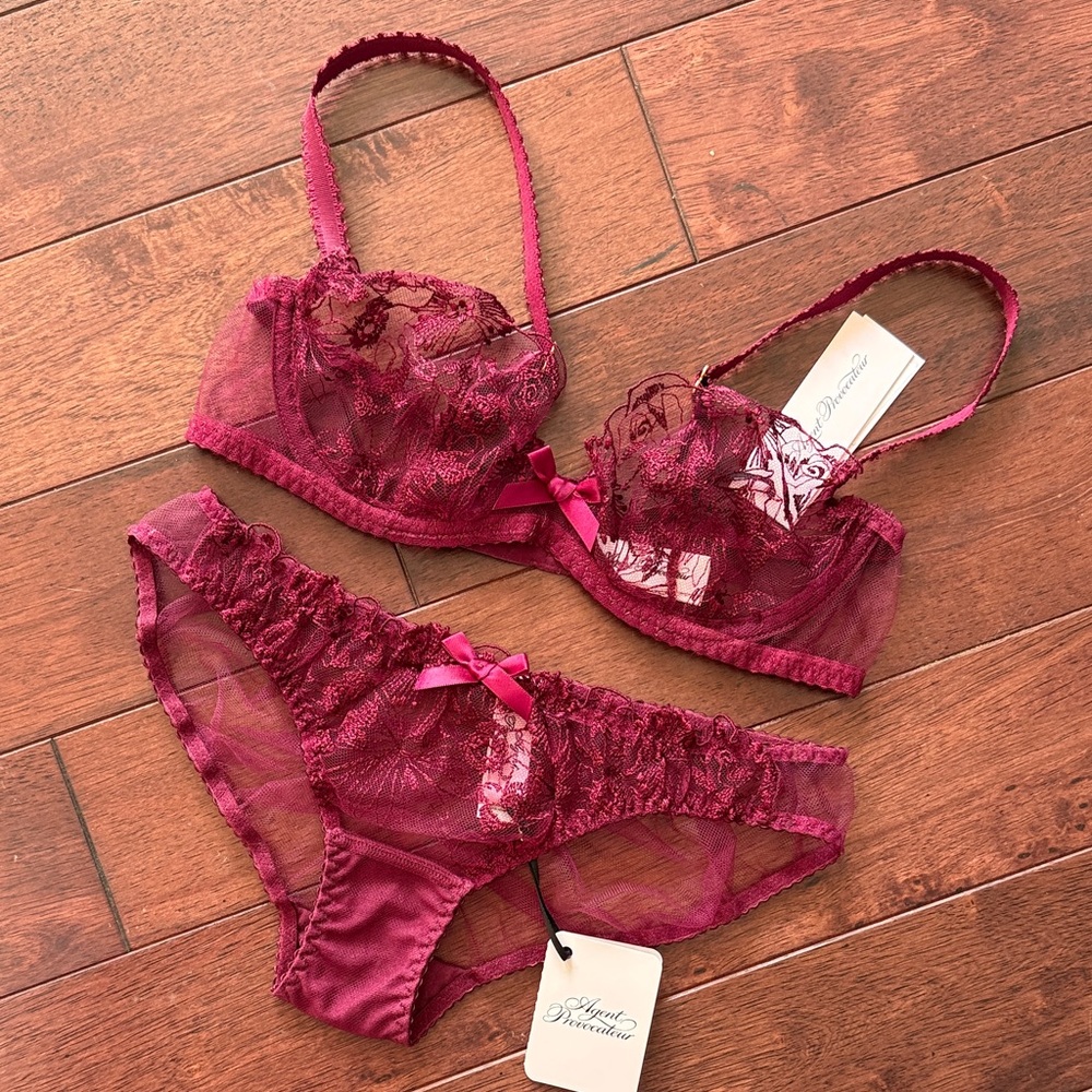 NWT Agent Provocateur Jayce Burgundy Sheer Embroidered Floral Lace Bra Set 32B